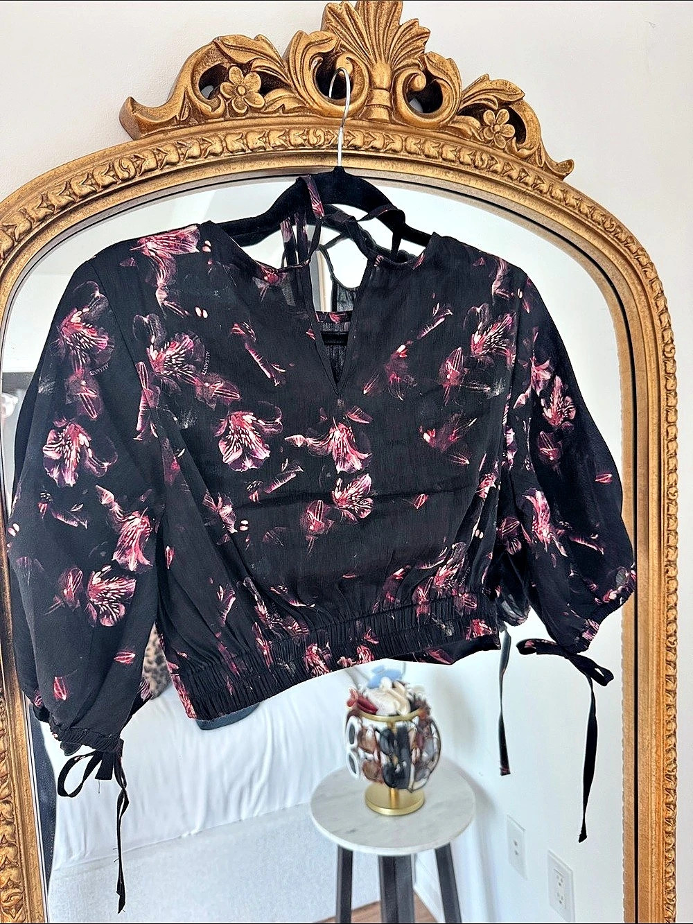 All Saints Rose Floral Cotton & Silk Top Black & Pink